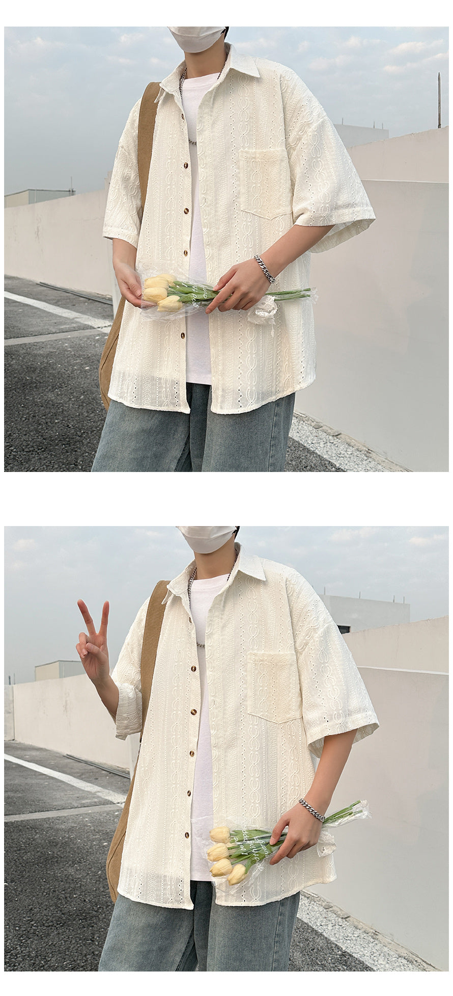 長袖Tシャツ カジュアル 無地 シンプル 折り襟 春夏 透かし編み シングルブレスト