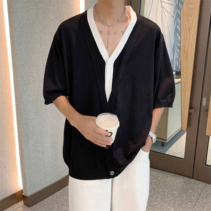 大人シンプル七分袖VネックTシャツ 夏服 カジュアル無地 メンズファッション おしゃれ ボタン付き レトロ