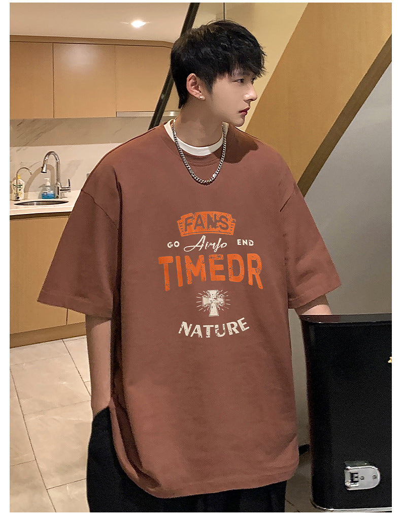 半袖Tシャツ メンズ ファッション 春夏 カジュアル レトロ プリント アルファベット ラウンドネック ベージュ ホワイト ブラック コットン プルオーバー