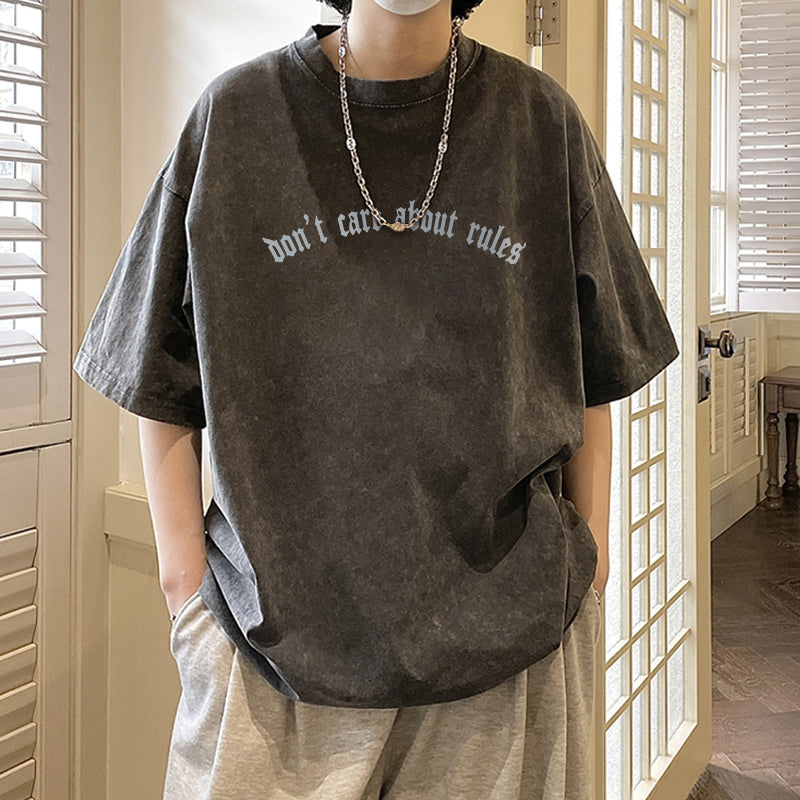 半袖Tシャツ メンズ ファッション 春夏服 モード系 レトロ シンプル プリント 無地 アルファベットなし ラウンドネック ブラック コットン プルオーバー