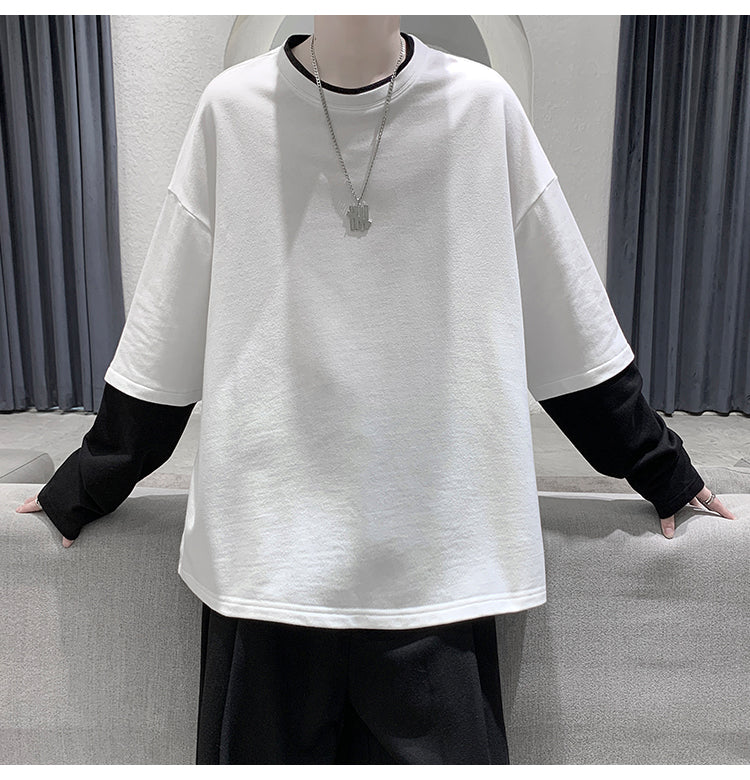 長袖Tシャツ メンズカジュアルファッション 秋冬レイヤード おしゃれプルオーバー シンプル私服 重ね着風 ルームウェア