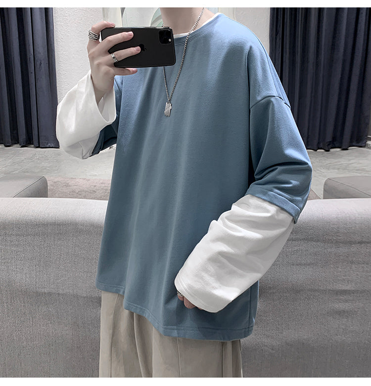 長袖Tシャツ メンズカジュアルファッション 秋冬レイヤード おしゃれプルオーバー シンプル私服 重ね着風 ルームウェア