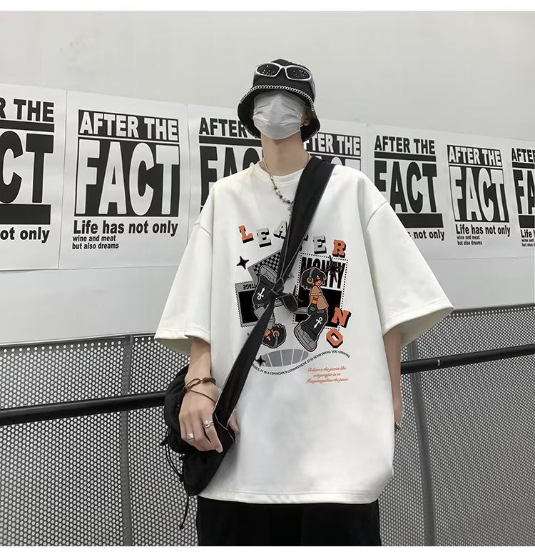 半袖Tシャツ メンズ おしゃれ カジュアル ファッション 半袖 五分袖 プリント ラウンドネック 春服 夏服 ストリート系 カートゥーン アルファベット ホワイト ブラック アイボリー コーヒー プルオーバー