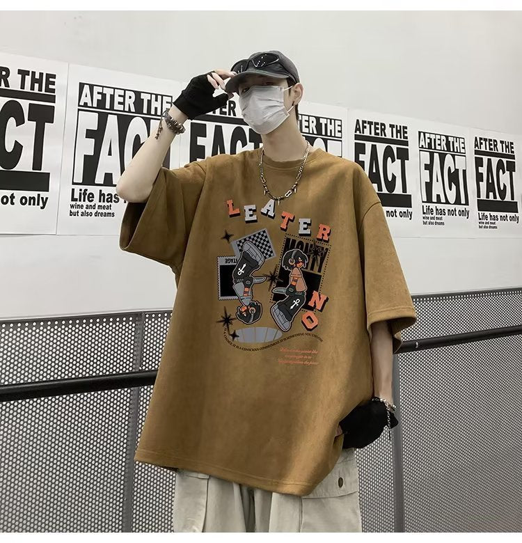 半袖Tシャツ メンズ おしゃれ カジュアル ファッション 半袖 五分袖 プリント ラウンドネック 春服 夏服 ストリート系 カートゥーン アルファベット ホワイト ブラック アイボリー コーヒー プルオーバー