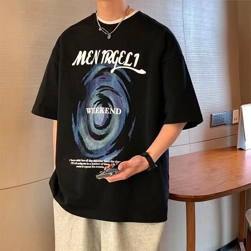 メンズ半袖Tシャツ夏服コットンホラー風プリントアルファベットラウンドネックプルオーバー