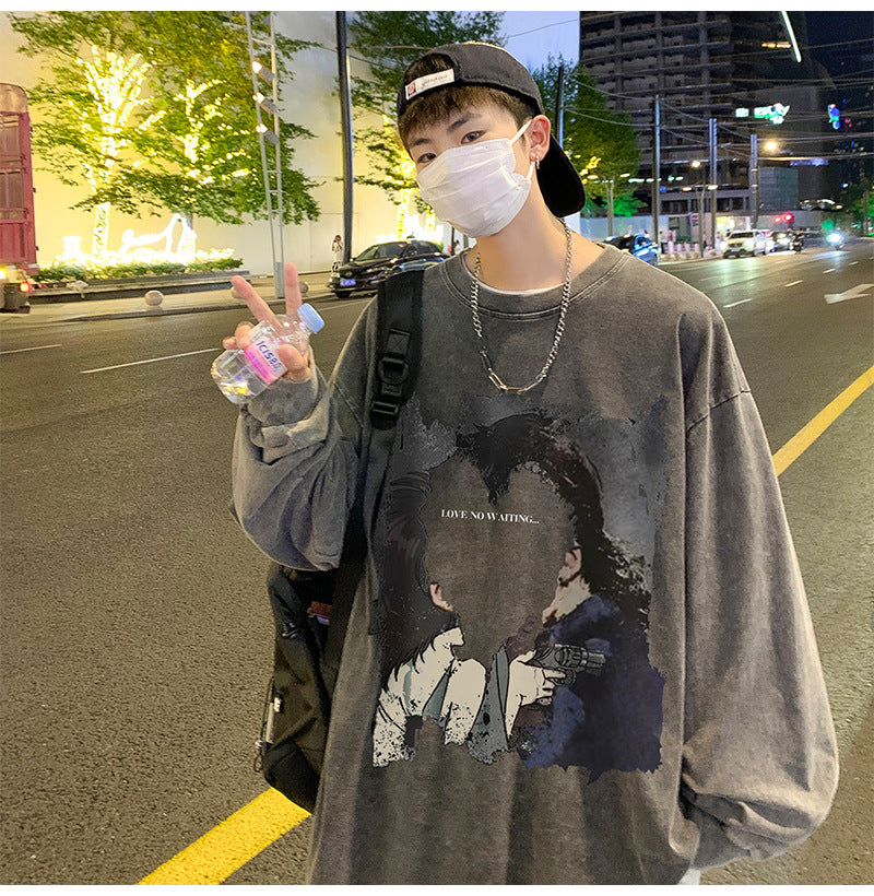 韓国ファッション メンズ 長袖Tシャツ 秋服 カジュアル シンプル プリント ラウンドネック グレー ベージュ