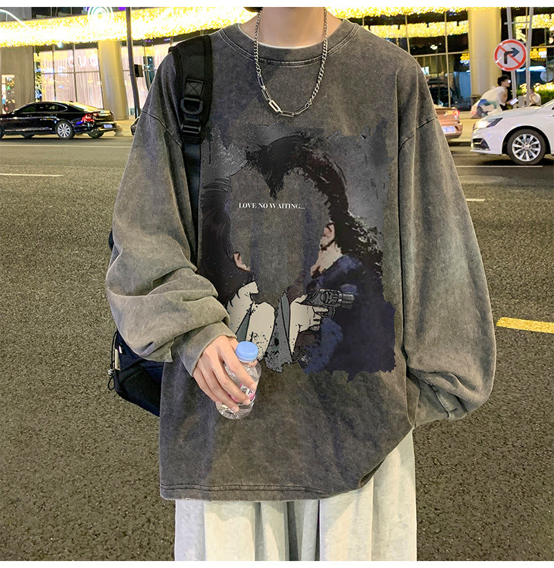 韓国ファッション メンズ 長袖Tシャツ 秋服 カジュアル シンプル プリント ラウンドネック グレー ベージュ