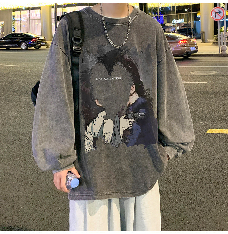 韓国ファッション メンズ 長袖Tシャツ 秋服 カジュアル シンプル プリント ラウンドネック グレー ベージュ