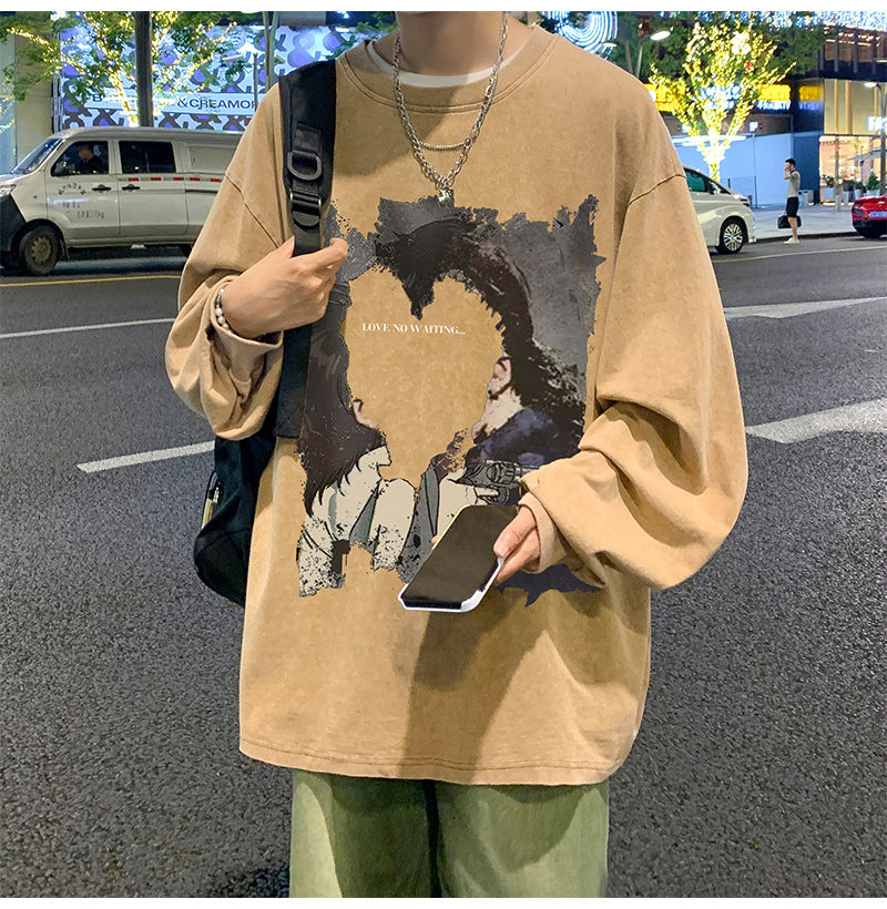 韓国ファッション メンズ 長袖Tシャツ 秋服 カジュアル シンプル プリント ラウンドネック グレー ベージュ