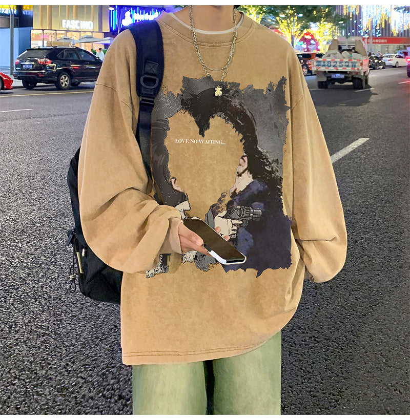 韓国ファッション メンズ 長袖Tシャツ 秋服 カジュアル シンプル プリント ラウンドネック グレー ベージュ