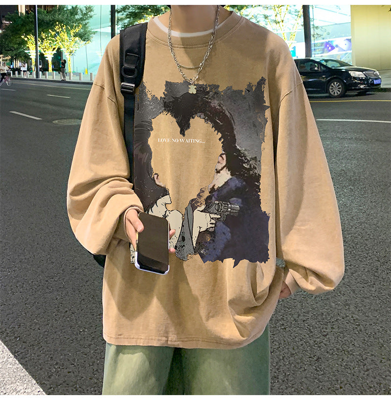 韓国ファッション メンズ 長袖Tシャツ 秋服 カジュアル シンプル プリント ラウンドネック グレー ベージュ