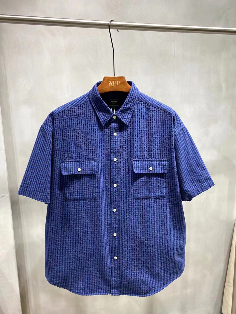 長袖Tシャツ メンズ 夏服 カジュアル レトロ チェック柄 無地 折り襟 10代 20代 高校生 大学生 シングルブレスト ファッション