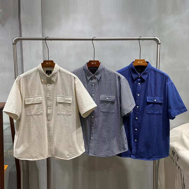 長袖Tシャツ メンズ 夏服 カジュアル レトロ チェック柄 無地 折り襟 10代 20代 高校生 大学生 シングルブレスト ファッション