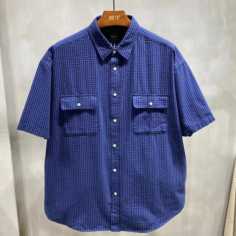 長袖Tシャツ メンズ 夏服 カジュアル レトロ チェック柄 無地 折り襟 10代 20代 高校生 大学生 シングルブレスト ファッション