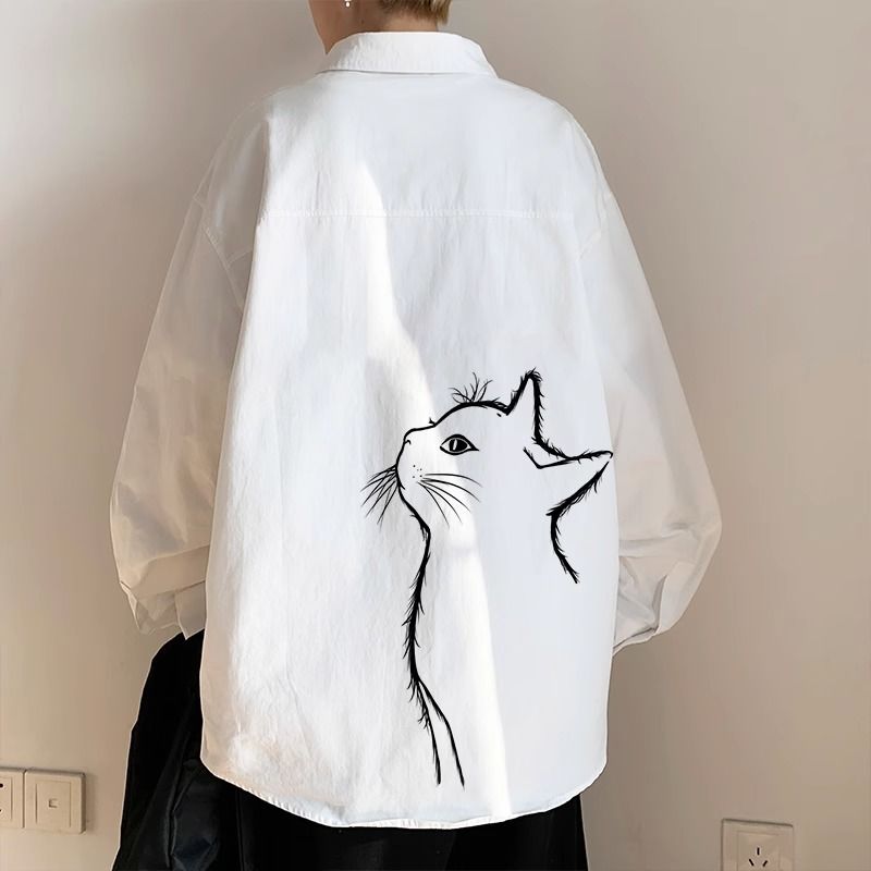 長袖Tシャツ メンズ 春秋 ファッション シンプル プリント 動物柄 カートゥーン 折り襟 大人 シングルブレスト