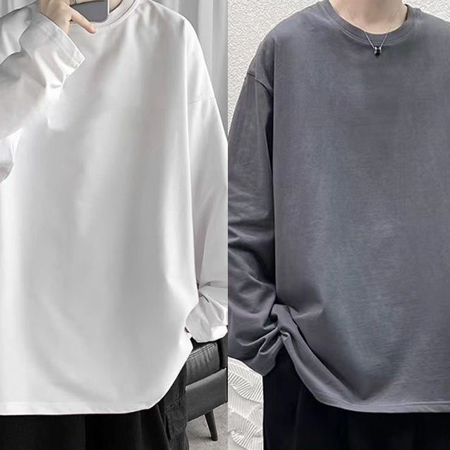 コットン長袖Tシャツ 春秋用 ラウンドネック 無地 プルオーバー メンズファッション シンプル 服