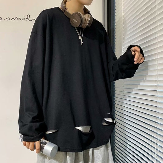 半袖Tシャツ メンズ ファッション 大人用 シンプル ダメージ加工 ラウンドネック プルオーバー 秋服 春服 おしゃれ 無地