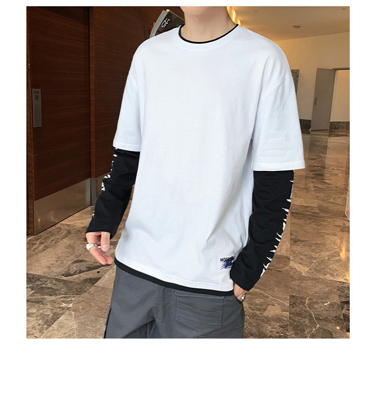 半袖Tシャツ メンズ コットン シンプル 韓国ファッション レイヤード 重ね着風 ラウンドネック 10代 20代 30代 40代 50代 プルオーバー ファッション