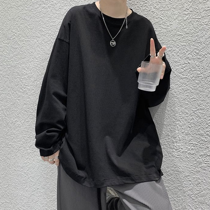 おしゃれカジュアル無地長袖Tシャツ 秋服 プルオーバー ラウンドネック メンズファッション 大人用 春服