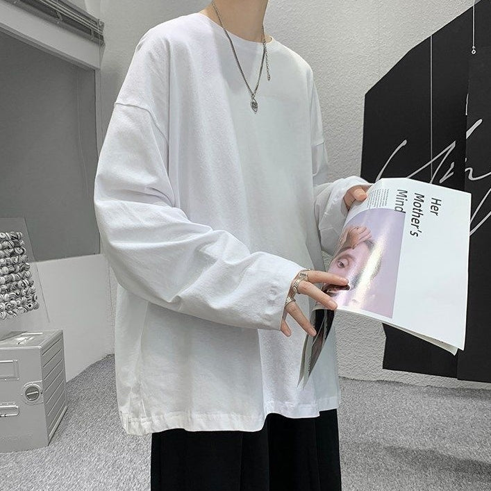 おしゃれカジュアル無地長袖Tシャツ 秋服 プルオーバー ラウンドネック メンズファッション 大人用 春服