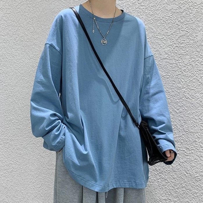 おしゃれカジュアル無地長袖Tシャツ 秋服 プルオーバー ラウンドネック メンズファッション 大人用 春服