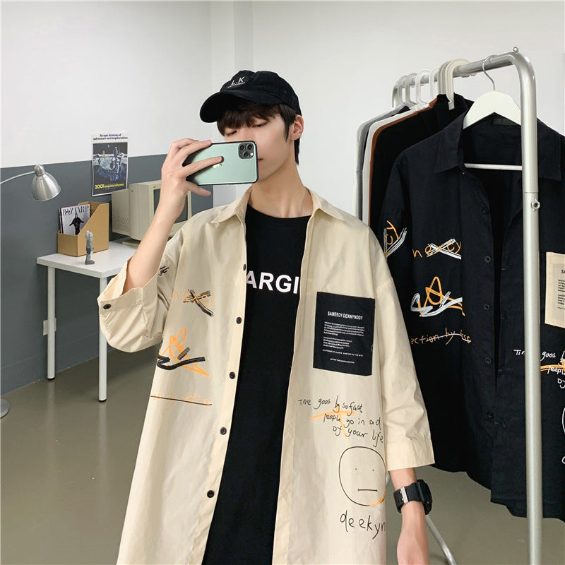 春服 メンズ シングルブレスト 長袖Tシャツ 大人 五分袖 夏服 プリント アルファベット おしゃれ 韓国ファッション シンプル 折り襟 バッグパック デザイン