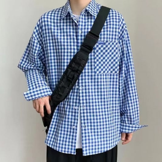 メンズ長袖Tシャツ 春秋ファッション おしゃれ シンプル レトロ チェック柄 折り襟 シングルブレスト