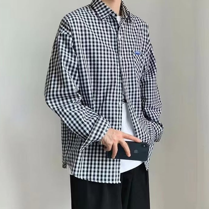 メンズ長袖Tシャツ 春秋ファッション おしゃれ シンプル レトロ チェック柄 折り襟 シングルブレスト