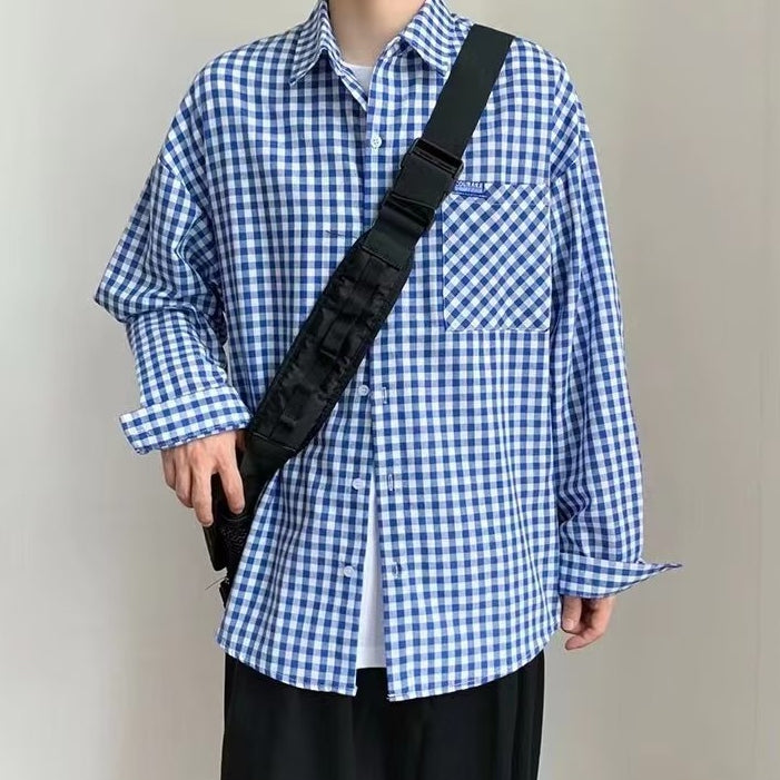 メンズ長袖Tシャツ 春秋ファッション おしゃれ シンプル レトロ チェック柄 折り襟 シングルブレスト