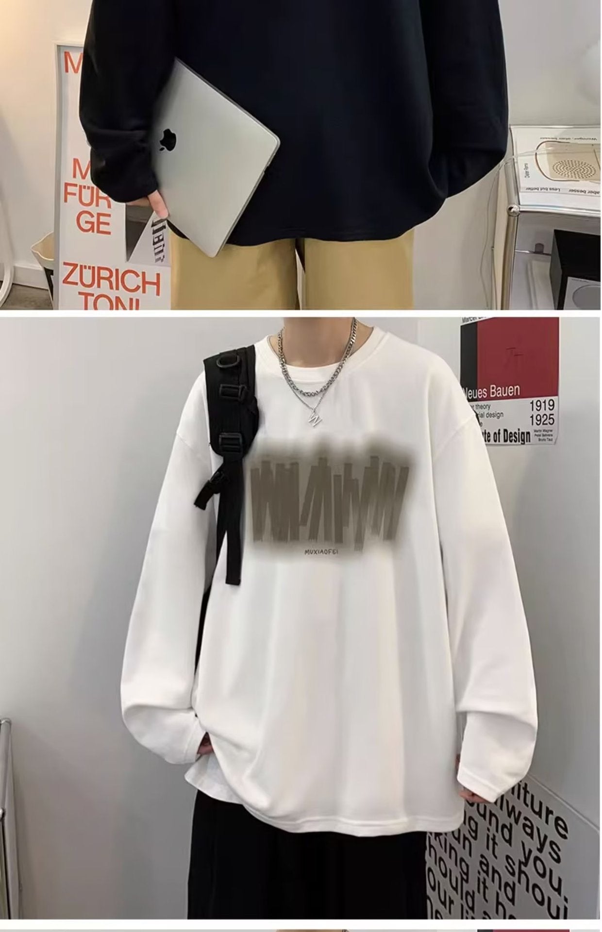 長袖Tシャツ メンズ カジュアル シンプル ファッション 春秋服 モード系 プリント ラウンドネック コットン