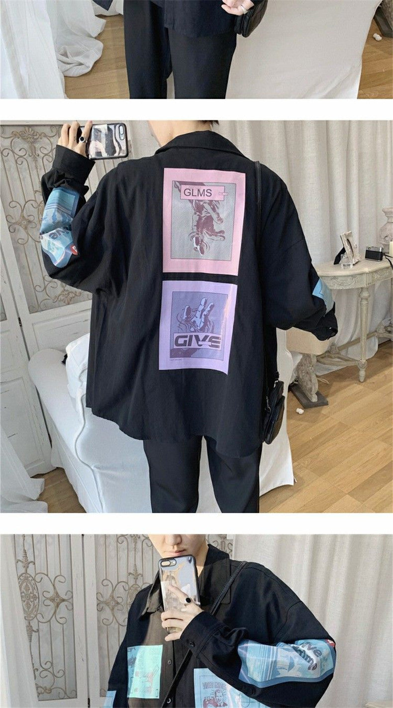 春服 メンズ 長袖Tシャツ おしゃれ カジュアル シンプル プリント 折り襟