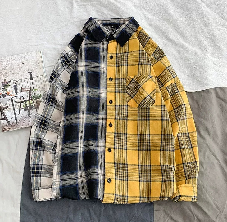 長袖Tシャツ メンズ SPRING AUTUMN おしゃれ シンプル チェック柄 プリント 折り襟 大人 シングルブレスト 服