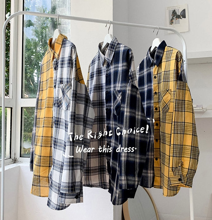 長袖Tシャツ メンズ SPRING AUTUMN おしゃれ シンプル チェック柄 プリント 折り襟 大人 シングルブレスト 服