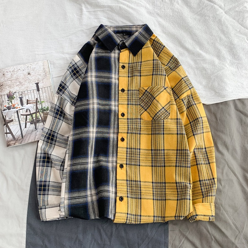 長袖Tシャツ メンズ SPRING AUTUMN おしゃれ シンプル チェック柄 プリント 折り襟 大人 シングルブレスト 服