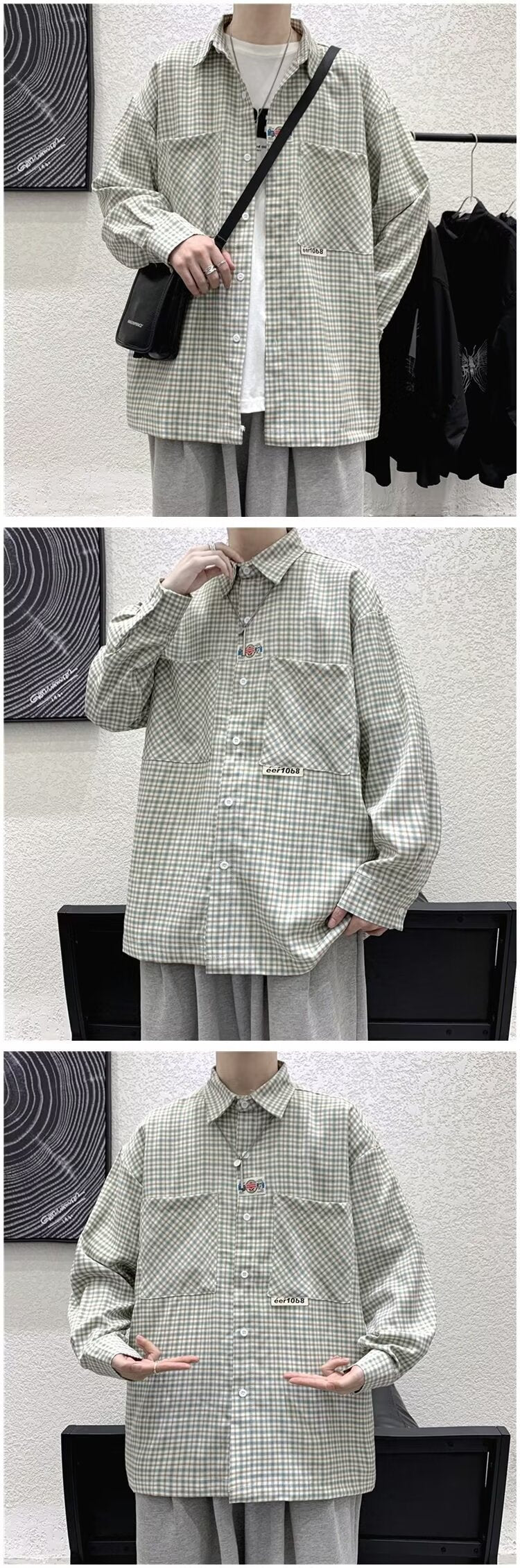 長袖Tシャツ メンズ チェック柄 カジュアル 折り襟 シングルブレスト おしゃれ 秋服 春服 ナチュラル ボタン 服装 ファッション