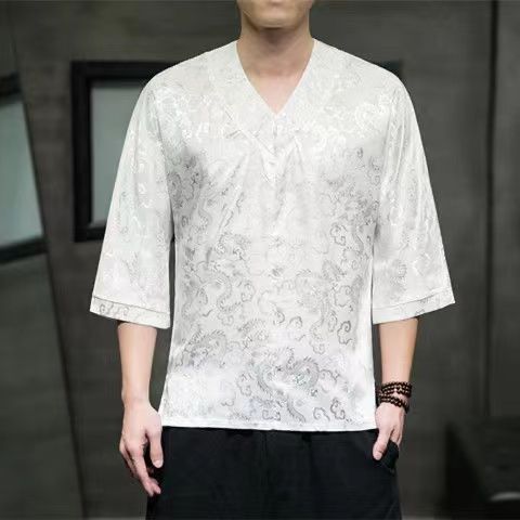 半袖Tシャツ メンズ ファッション 夏 おしゃれ 無地 七分袖 プリント Vネック ホワイト ブラック 大人 プルオーバー