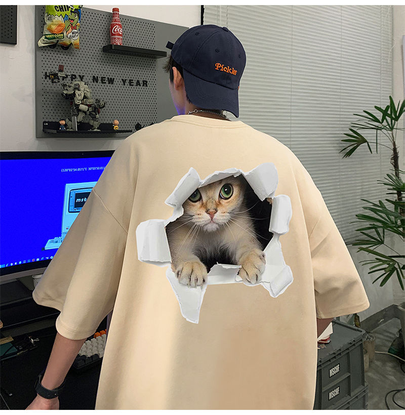 夏用メンズ半袖Tシャツ おしゃれシンプルな動物柄 プリントラウンドネック ホワイト ブラック ダークグレー アイボリー ワインレッド コーヒー 大人用 プルオーバー