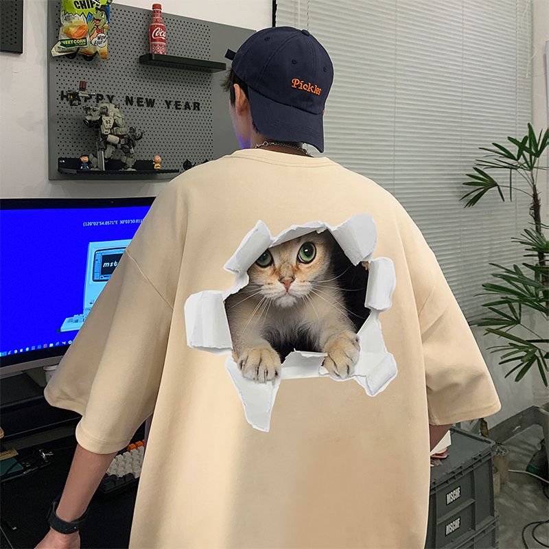 夏用メンズ半袖Tシャツ おしゃれシンプルな動物柄 プリントラウンドネック ホワイト ブラック ダークグレー アイボリー ワインレッド コーヒー 大人用 プルオーバー