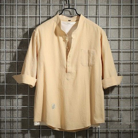 メンズ長袖Tシャツ 夏服 おしゃれ シンプル 無地 ポケット付き 折り襟 ボタン プルオーバー