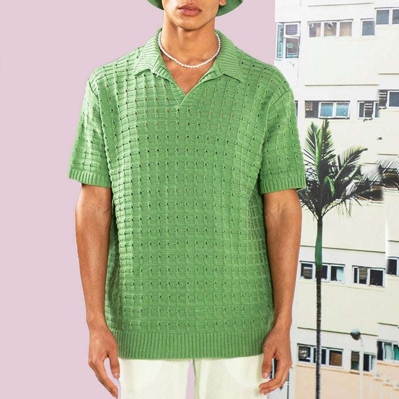 半袖Tシャツ メンズ ファッション 夏服 ニット シンプル 無地 透かし編み Vネック ベージュ パープル ホワイト グリーン ブルー プルオーバー