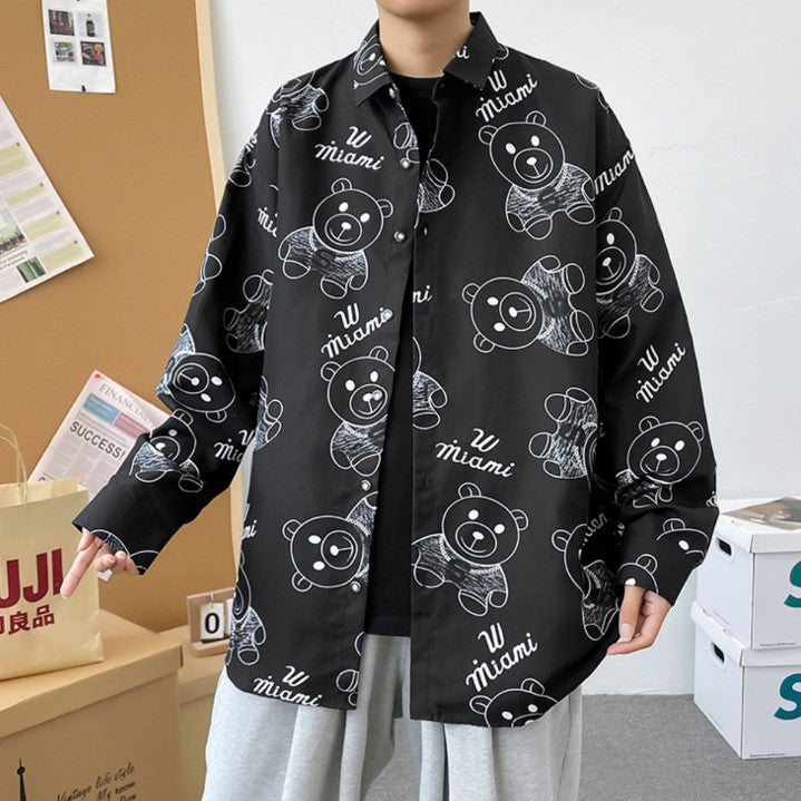 春秋メンズ長袖Tシャツ おしゃれシンプル 動物柄 カートゥーン プリント 折り襟 大人用 ファッション