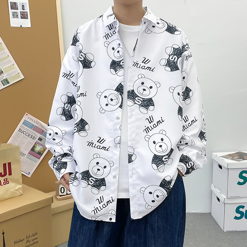 春秋メンズ長袖Tシャツ おしゃれシンプル 動物柄 カートゥーン プリント 折り襟 大人用 ファッション