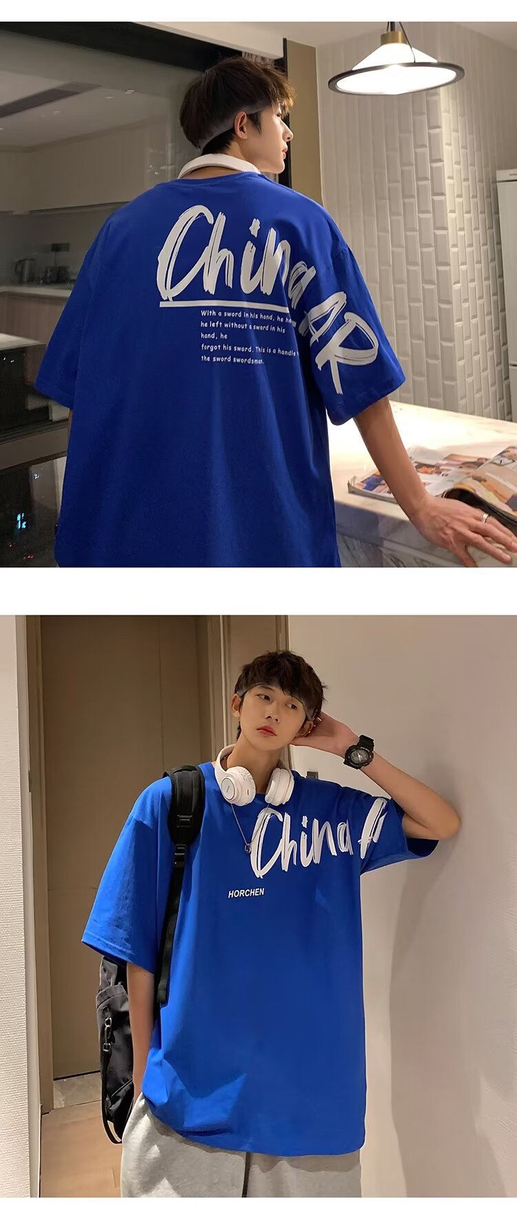 クラインブルー半袖Tシャツ メンズ ゆったり ボーイフレンド風 トレンドファッション