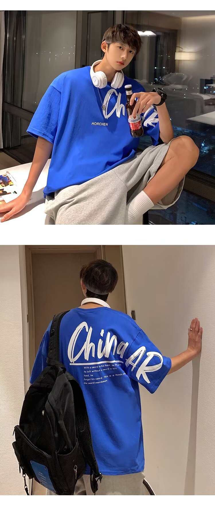 クラインブルー半袖Tシャツ メンズ ゆったり ボーイフレンド風 トレンドファッション