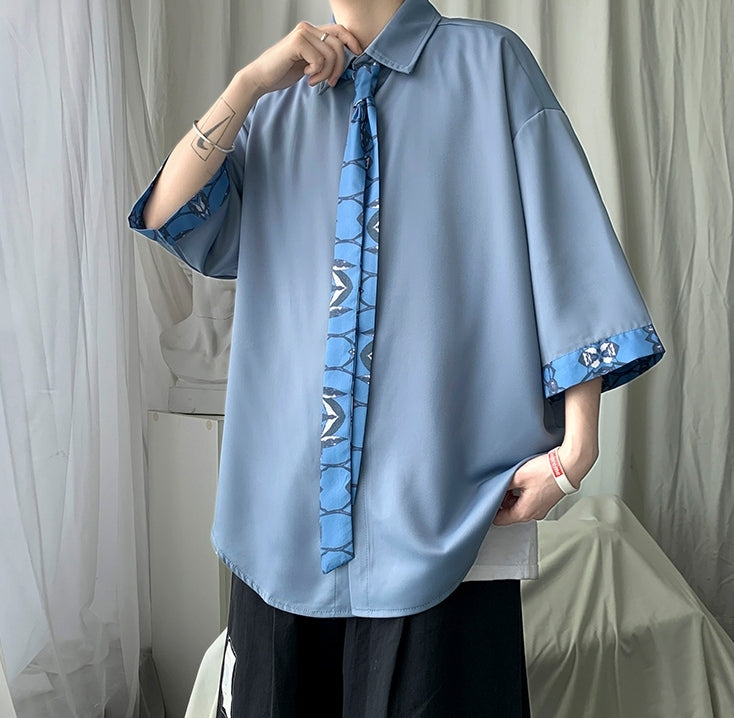 長袖Tシャツ おしゃれ メンズ ファッション 折り襟 シングルブレスト 夏服 春服 秋服 七分袖 プリント 大人