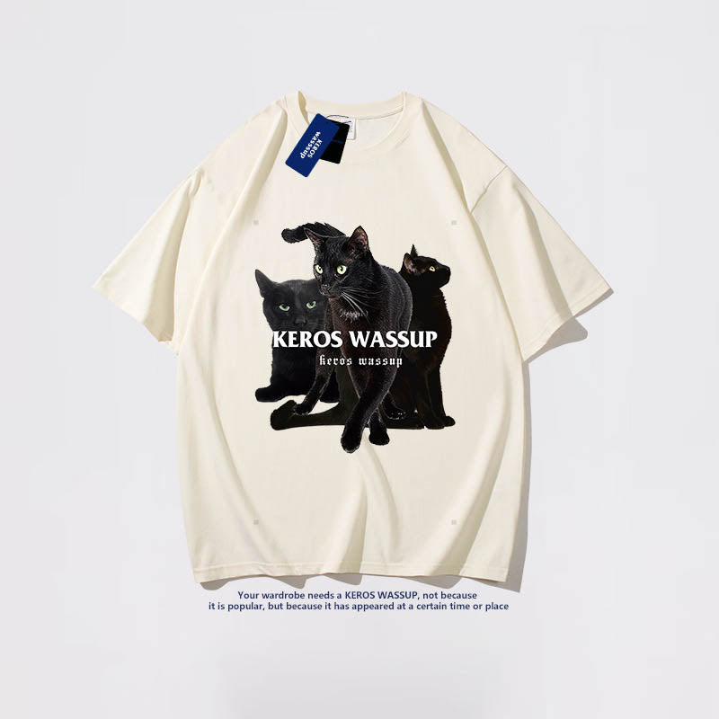 韓国風夏ファッション 半袖黒猫プリントコットンラウンドネックTシャツ