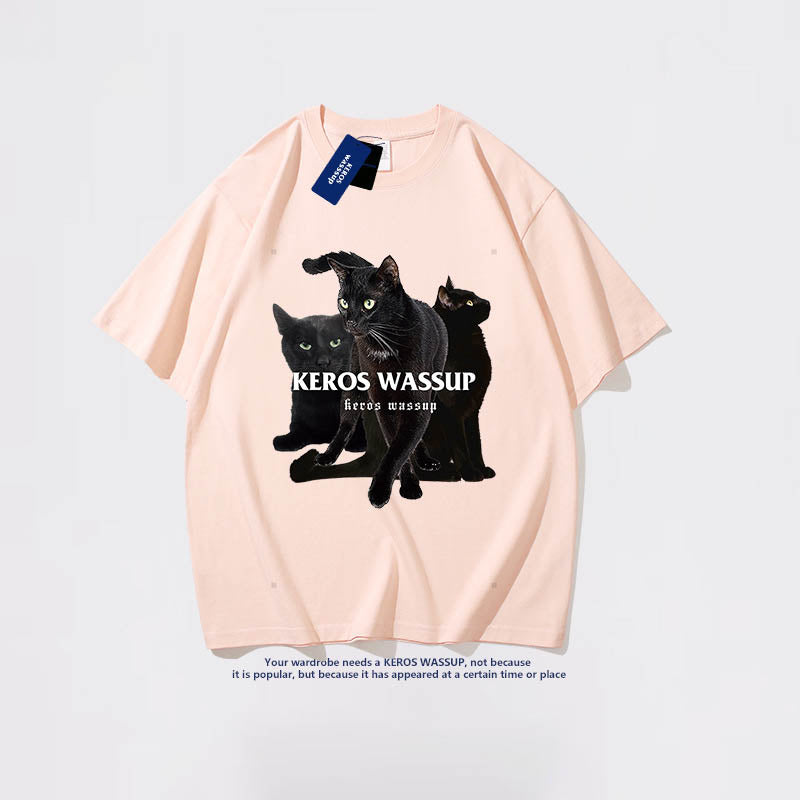 韓国風夏ファッション 半袖黒猫プリントコットンラウンドネックTシャツ