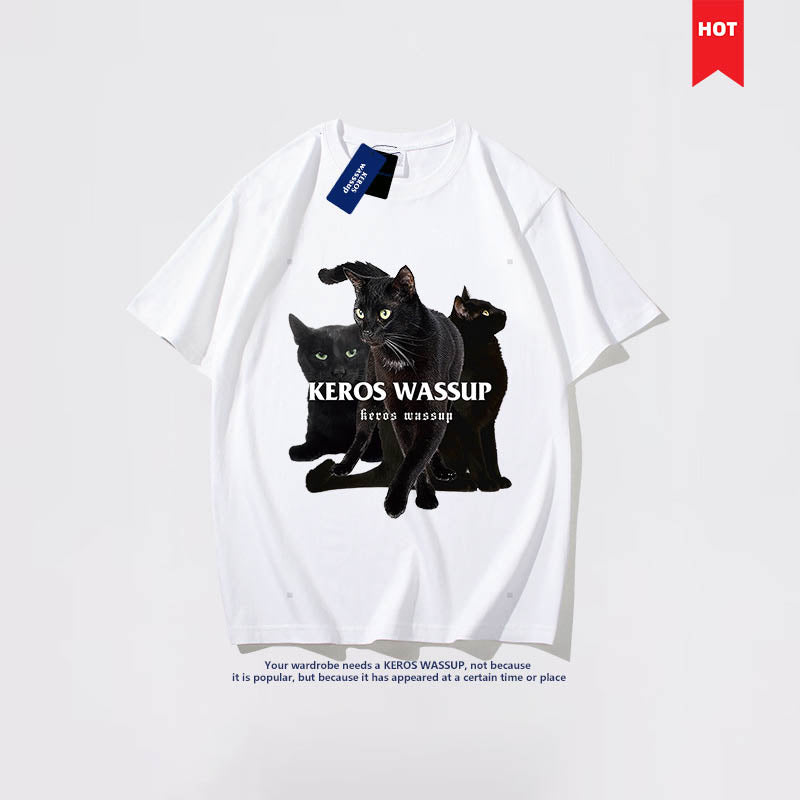 韓国風夏ファッション 半袖黒猫プリントコットンラウンドネックTシャツ