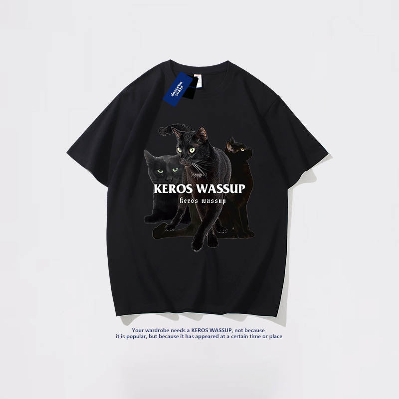 韓国風夏ファッション 半袖黒猫プリントコットンラウンドネックTシャツ