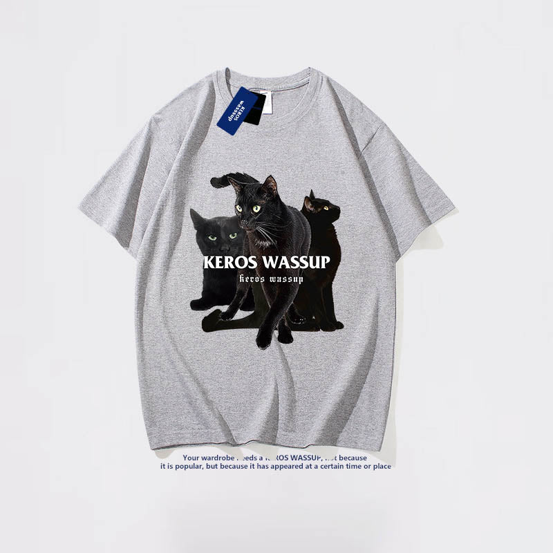 韓国風夏ファッション 半袖黒猫プリントコットンラウンドネックTシャツ